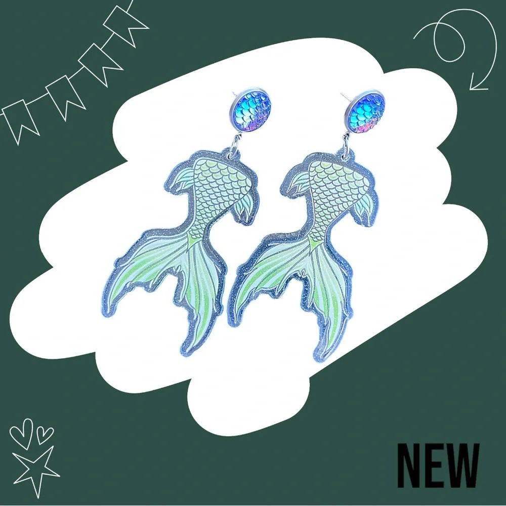 New Relief Double-sided Sparkling Multi-color Mermaid Fishtail Acrylic Earrings - Picture 5 of 8